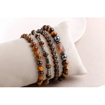 Hematit-Kaplan Gözü-Dumanlı Kuvars Erkek Doğal Taş Bileklik Seti