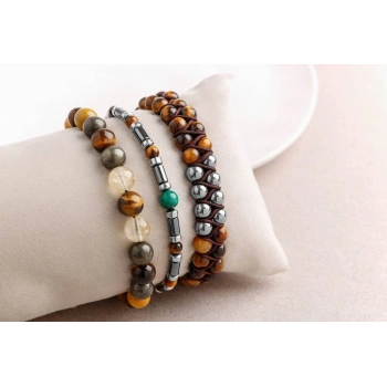 Hematit-Kaplan Gözü-Malakit-Pirit Erkek Doğal Taş Bileklik Seti