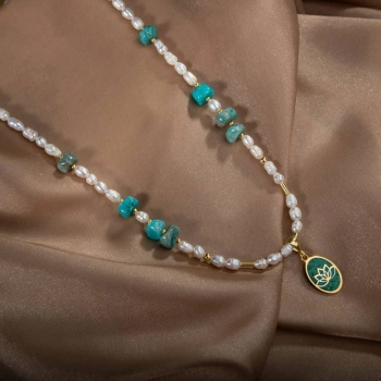 İnci-Amazonit Doğal Taş Gümüş Kolye