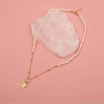 İnci Doğal Taş Gümüş Çiçekli Kolye