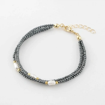 İnci-Hematit Doğal Taş Altın Kaplama Kapama Bileklik