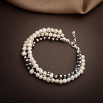 İnci-Hematit Doğal Taş Gümüş Tasarım Bileklik