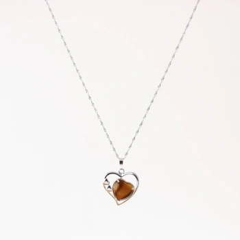 Kaplan Gözü Doğal Taş Kalpli Kolye, Gümüş Zincir