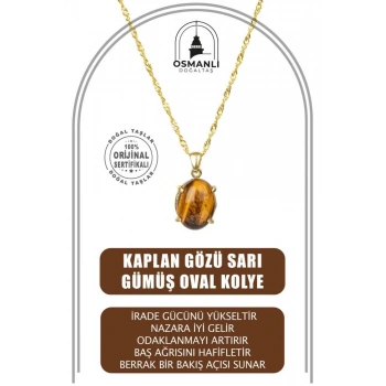 Kaplan Gözü Doğal Taş Sarı Gümüş Oval Kolye