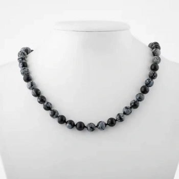 Karlı Obsidyen 8 mm Düğümlü Doğal Taş Kolye