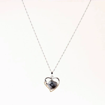 Karlı Obsidyen Doğal Taş Kalpli Kolye, Gümüş Zincir