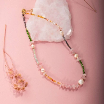 Karnelyan Akik-İyolit-Pembe Opal-İnci-Pembe Kuvars-Hematit-Diopsit-Prehnit Doğal Taş Kolye