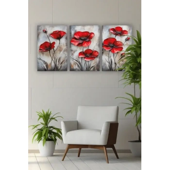 Kırmızı Çiçek Üçlü Mdf Tablo