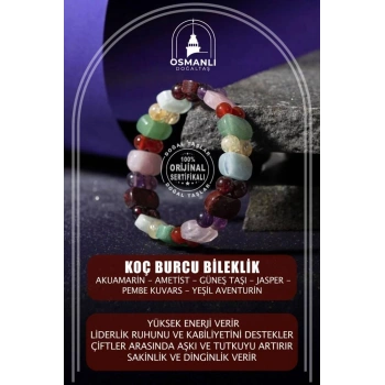 Koç Burcu Bileklik Akuamarin, Ametist, Bordo Granat Lal, Jasper, Kırmızı Akik, Pembe Kuvars, Sitrin, Yeşil Aventurin
