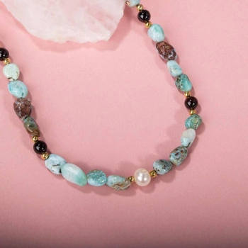 Larimar-Lal-Hematit-İnci-Ay Taşı Altın Kaplama Doğal Taş Kolye