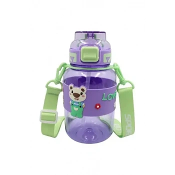 Noki Kids Su Matarası Mor Petg Pipetli Kapak Ayıcık Silikon Kemerli Askılı 800 Ml