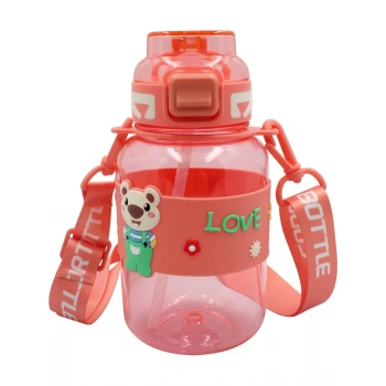 Noki Kids Su Matarası Turuncu Petg Pipetli Kapak Ayıcık Silikon Kemerli Askılı 800 Ml