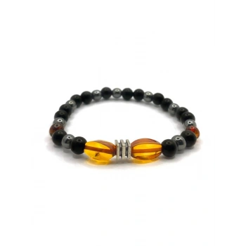 Orijinal Hakiki Kehribar - Shungite (Şungit) - Hematit Doğal Taş Misinalı Bileklik 6mm