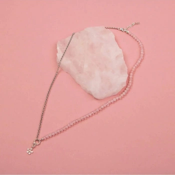 Pembe Kuvars Doğal Taş Gümüş Çiçekli Kolye - 50cm
