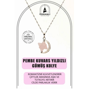 Pembe Kuvars Doğal Taş Yıldızlı Kolye, Gümüş Zincir