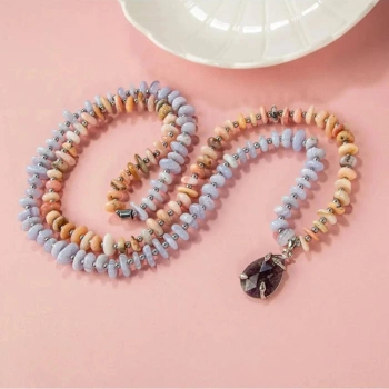 Pembe Opal-Mavi Akik-Hematit-Ametist Doğal Taş Kolye