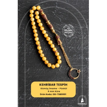 Sertifikalı 7-8 mm Silindir Kesim Gold Eskitme Kaplamalı Gümüş İmame ve Püsküllü Kehribar Tesbih