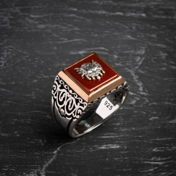 Sertifikalı 925 Ayar Gümüş Osmanlı Tuğra Akik Yüzük (Erkek)