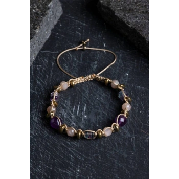 Sertifikalı Ametist, Güneş Taşı, Florit ve Hematit Doğal Taş Makrome Bileklik (SK:157)