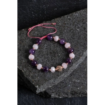 Sertifikalı Ametist ve Pembe Kuvars Doğaltaş Bileklik
