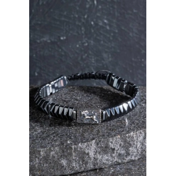 Sertifikalı At Figürlü Gümüş Aparatlı Hematit Doğal Taş Makrome Bileklik