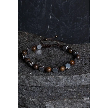 Sertifikalı Bronzit, Hematit Doğal Taş Makrome Bileklik