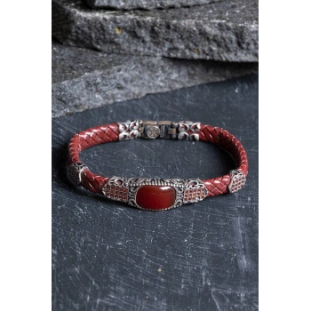 Sertifikalı El İşçiliği Gümüş Akik Doğal Taş Detaylı Deri Bileklik (SK:199)