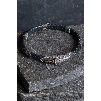 Sertifikalı El İşçiliği Gümüş Kılıç Detaylı Deri Bileklik (SK:198)