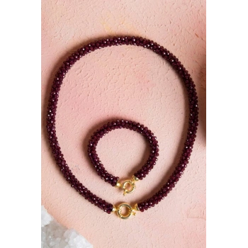 Sertifikalı El İşçiliği Örme Lal (Granat) Gümüş Kapama Kolye & Bileklik Seti (SK:084)