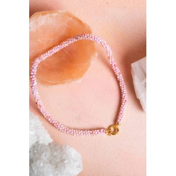 Sertifikalı El İşçiliği Örme Pembe Opal Gümüş Kapama Kolye (SK:107)