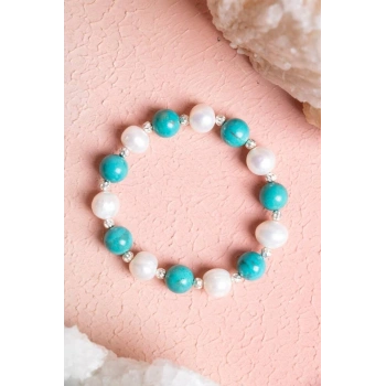 Sertifikalı Firuze (Turkuaz), İnci Gümüş Aparatlı Doğal Taş Bileklik(SK:038)