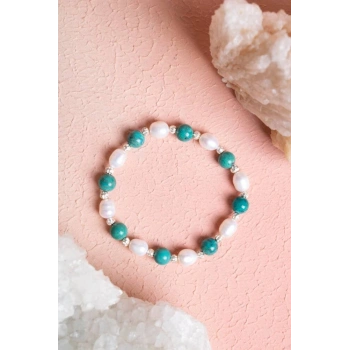 Sertifikalı Firuze (Turkuaz), İnci Gümüş Aparatlı Doğal Taş Bileklik(SK:046)