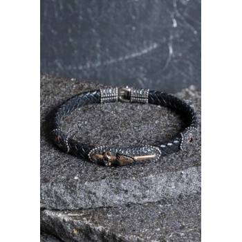 Sertifikalı Gümüş Kılıç Detaylı Deri Bileklik (SK:193)