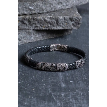 Sertifikalı Gümüş Yaprak Detaylı Deri Bileklik (SK:196)