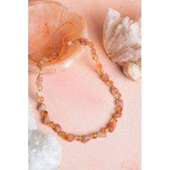 Sertifikalı Güneş Taşı, Sitrin Doğal Taş Makrome Kolye (SK:093)