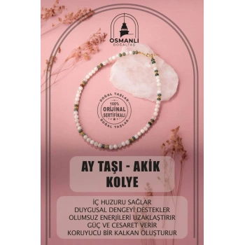 Sertifikalı Hakiki Orijinal Ay Taşı ve Akik Doğal Taş Dizi Kolye