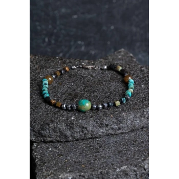 Sertifikalı Hematit-Afrika Furize (Turkuaz) Doğal Taş Bileklik Gümüş Aparatlı SK: 036