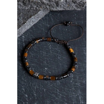 Sertifikalı Hematit, Kaplan Gözü Gümüş Aparatlı Doğal Taş Makrome Bileklik (SK:188)