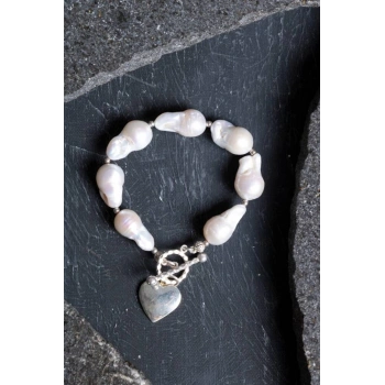 Sertifikalı İnci Gümüş Kalp Aparatlı Doğal Taş Bileklik (SK:235)