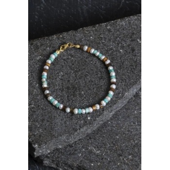 Sertifikalı İnci Kaplan Gözü Turkuaz Gümüş Kapama Doğal Taş Bileklik