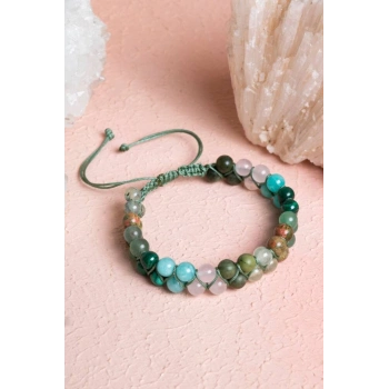 Sertifikalı Kalp Çakrası Çift Sıra Doğal Taş Makrome Bileklik