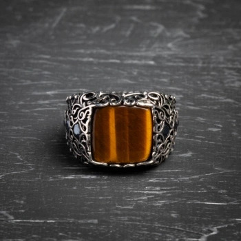 Sertifikalı Kaplan Gözü 925 Ayar Gümüş Osmanlı Motifli Yüzük (Erkek)