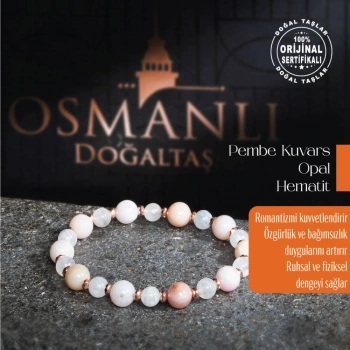 Sertifikalı Orijinal Pembe Kuvars Opal Hematit Doğal Taş Bileklik
