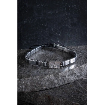 Sertifikalı Osmanlı Tuğrası Gümüş Aparatlı Hematit Doğal Taş Makrome Bileklik