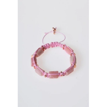 Sertifikalı Pembe Kuvars, Hematit Doğal Taş Makrome Bileklik