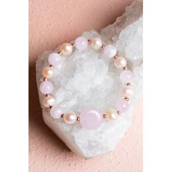 Sertifikalı Pembe Kuvars, İnci, Hematit Doğal Taş Bileklik