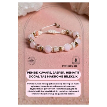 Sertifikalı Pembe Kuvars, Jasper, Hematit Doğal Taş Makrome Bileklik (SK:283)
