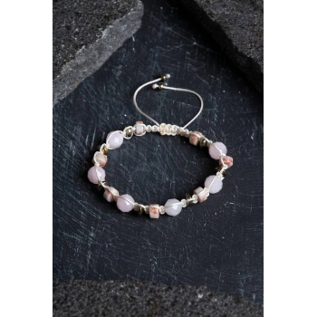 Sertifikalı Pembe Kuvars, Jasper ve Hematit Doğal Taş Makrome Bileklik (SK:159)