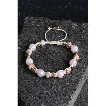 Sertifikalı Pembe Kuvars, Jasper ve Hematit Doğal Taş Makrome Bileklik (SK:162)