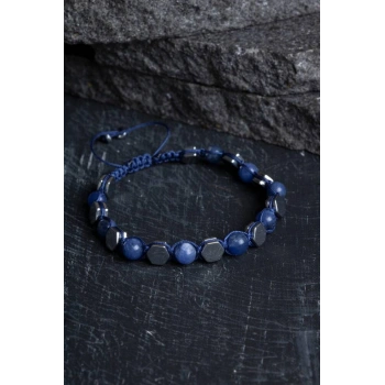 Sertifikalı Sodalit, Hematit Doğal Taş Makrome Bileklik